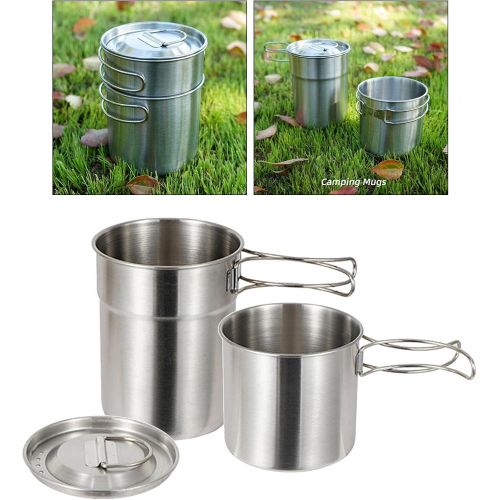  Fancyes Portable 2pcs Camping Cup Kit w/Folding Handles Drinking Soup Cookware Cooking Bowl Picnic Mug Adventure Outdoor Backpack Kitchen Accessories