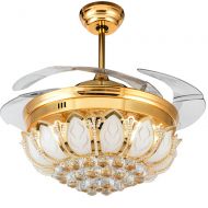 Fandian 42 Inch Crystal Ceiling Light with Fan Luxury Chandelier Retractable Acrylic Blades with Remote control (Gold)