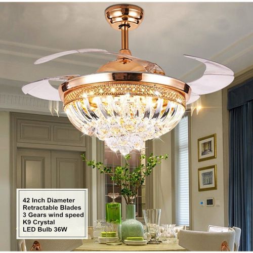  Fandian Modern Crystal Remote Control Transparent Acrylic Blade Retractable Ceiling Fan Lamp 42-inch Lighting Fan Chandelier Led Lights Fixture