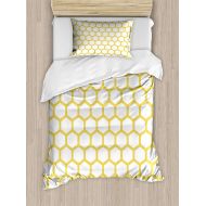 Fandim Fly Full bedding sets for boys,Yellow and White Duvet Cover Set,Hexagonal Pattern Honeycomb Beehive Simplistic Geometrical Monochrome,Decorative 2 Piece Bedding Set with 1 Pillow Sham,