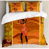 Fandim Fly African Woman Bedding Set Queen Size, Frame with Natural Autumn Elements Native Girl with Vase Exotic Zulu Print,Comforter Cover Sets for All Season, Multicolor