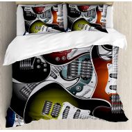 Fandim Fly Full bedding sets for boys,Popstar Party Duvet Cover Set,Pile of Graphic Colorful Electric Guitars Rock Music Stringed Instruments,Decorative 4 Piece Bedding Set with 2