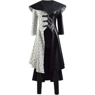 Fansheng Women Cruella Deville Costume Coat Dress Full Set Outfits for Halloween Cosplay