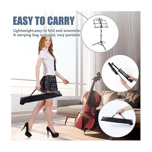  Music Stand, 2 in 1 Dual-Use Folding Sheet Music Stand & Desktop Book Stand, Portable Music Sheet Stand Note Holder with Carrying Bag & Sheet Music Clip Holder for Guitar Violin Players