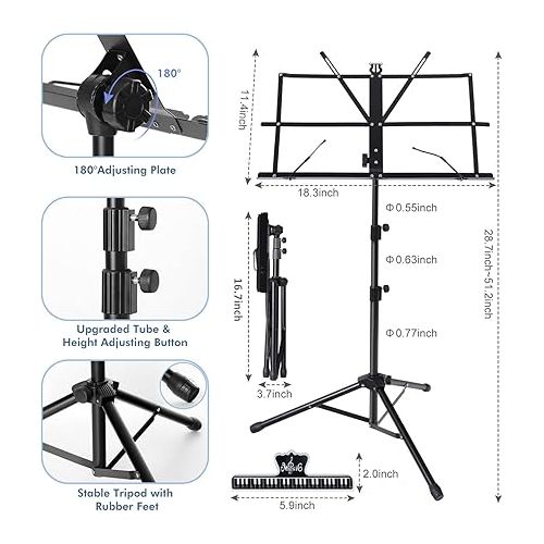  Music Stand, 2 in 1 Dual-Use Folding Sheet Music Stand & Desktop Book Stand, Portable Music Sheet Stand Note Holder with Carrying Bag & Sheet Music Clip Holder for Guitar Violin Players