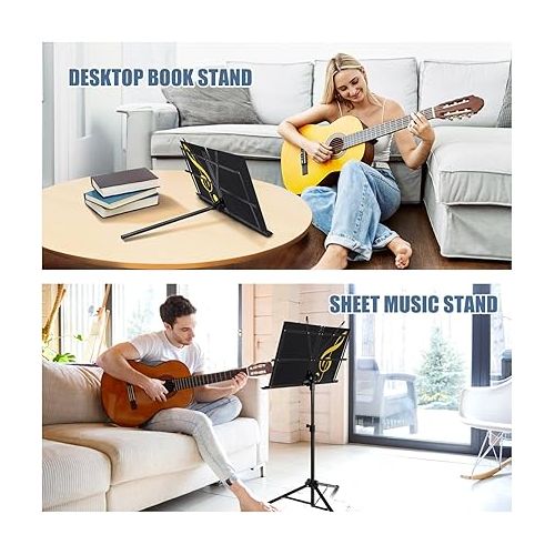  Music Stand, 2 in 1 Dual-Use Folding Sheet Music Stand & Desktop Book Stand, Portable Music Sheet Stand Note Holder with Carrying Bag & Sheet Music Clip Holder for Guitar Violin Players