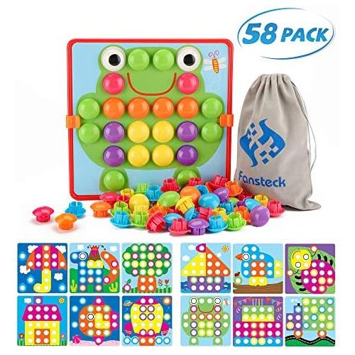  [아마존베스트]Fansteck Button Art Toy for Toddlers, Color Matching Early Learning Educational Mosaic Pegboard , Safe Nontoxic ABS Plastic Premium Material, 12 Pictures and 46 Buttons ,with a Bag