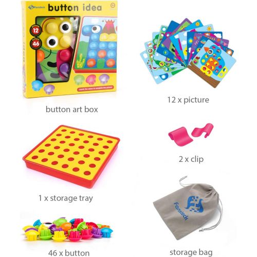 [아마존베스트]Fansteck Button Art Toy for Toddlers, Color Matching Early Learning Educational Mosaic Pegboard , Safe Nontoxic ABS Plastic Premium Material, 12 Pictures and 46 Buttons ,with a Bag