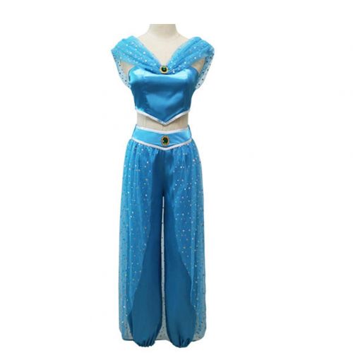  Fanstyle Halloween Cosplay Costume Princess Jasmine Blue Dress Aladdins Lamp Tops Pants 2pcs for Adult