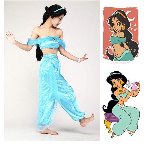  Fanstyle Halloween Cosplay Costume Princess Jasmine Blue Dress Aladdins Lamp Tops Pants 2pcs for Adult