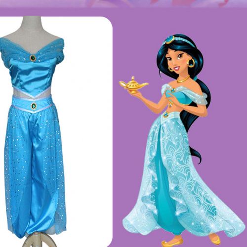  Fanstyle Halloween Cosplay Costume Princess Jasmine Blue Dress Aladdins Lamp Tops Pants 2pcs for Adult