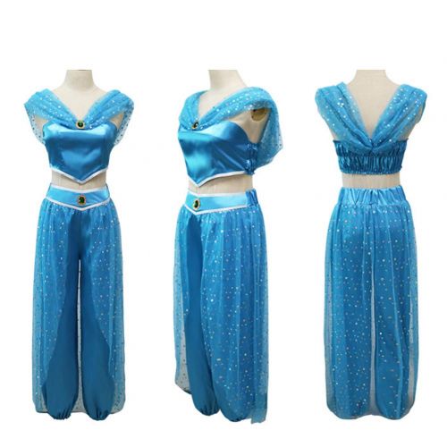  Fanstyle Halloween Cosplay Costume Princess Jasmine Blue Dress Aladdins Lamp Tops Pants 2pcs for Adult