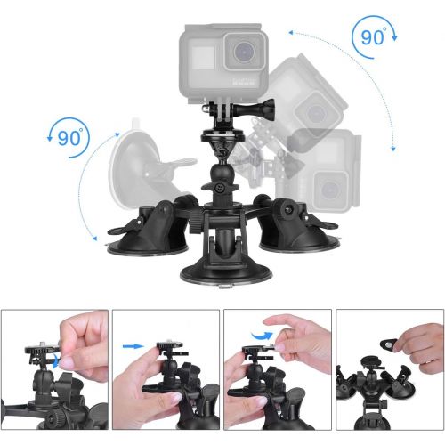  Fantaseal 3-Cup Action Camera Suction Cup Mount Motion Camcorder Car Windshield Hood Door Trunk Lid Holder /w Ball Head Compatible with GoPro Sony DJI OSMO Action Akaso Apeman YI Sports DV C