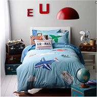 Fantastic LELVA Cartoon Airplane Embroidery Patterns Cotton Bedding Set, Childrens Duvet Cover Set, Around the World, Bedding for Boys, Twin Full Queen Size (Full)