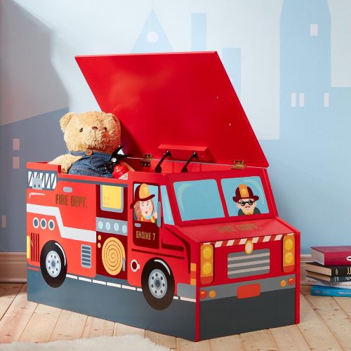  Fantasy Fields - Little Fire Fighters themed Kids Wooden Toy Chest with Safety Hinges Hand Painted Details Lead Free Paint