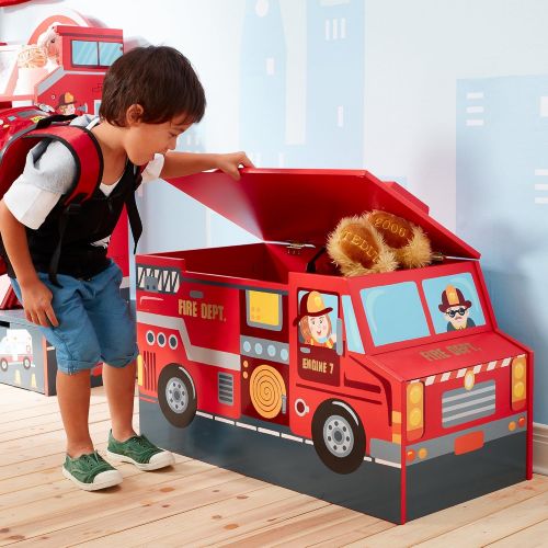  Fantasy Fields - Little Fire Fighters themed Kids Wooden Toy Chest with Safety Hinges Hand Painted Details Lead Free Paint