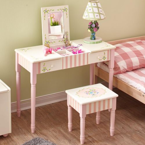  Fantasy Fields - Bouquet Thematic Kids Flip Top Mirror Vanity Table and Stool Set | Imagination Inspiring Hand Crafted & Hand Painted Details Non-Toxic, Lead Free Water-based Paint