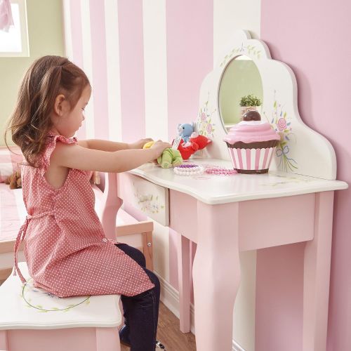  Fantasy Fields - Bouquet Thematic Kids Classic Vanity Table and Stool Set with Mirror | Imagination Inspiring Hand Crafted & Hand Painted Details Non-Toxic, Lead Free Water-based P