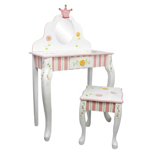  Fantasy Fields - Princess & Frog Thematic Kids Vanity Table and Stool Set with Mirror Imagination Inspiring Hand Crafted & Hand Painted Details Non-Toxic, Lead Free Water-based Pai