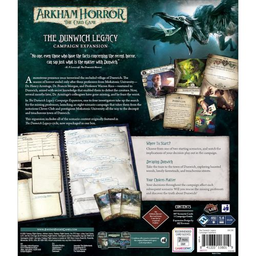  Arkham Horror The Card Game The Dunwich Legacy Campaign Expansion Horror Game Cooperative Mystery Game Ages 14+ 1-2 Players Avg. Playtime 1-2 Hours Made by Fantasy Flight Games