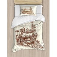 Fantasy Star Full Bedding Sets for Boys,Steam Engine Duvet Cover Set,Old Times Train Vintage Hand Drawn Iron Industrial Era Locomotive,Include 1 Flat Sheet 1 Duvet Cover and 2 Pill