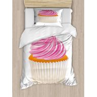 Fantasy Star Girls Boys Child Queen Bedding Sets, Orange and Pink Duvet Cover Set, Illustration of a Pink Cupcake Celebration Delicious Dessert BaKing, Include 1 Flat Sheet 1 Duvet Cover and 2