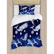 Fantasy Star Full Bedding Sets for Boys,Whale Duvet Cover Set,Fishes and Planets Hovering Amongst Stars in Outer Space Cosmos Illustration,Include 1 Flat Sheet 1 Duvet Cover and 2 Pillow Cases