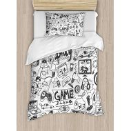 Fantasy Star Girls Boys Child Queen Bedding Sets, Video Games Duvet Cover Set, Monochrome Sketch Style Gaming Design Racing Monitor Device Gadget Teen 90s, Include 1 Flat Sheet 1 Duvet Cover an