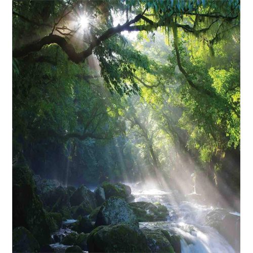  Fantasy Star Full Bedding Sets for Boys,Rainforest Duvet Cover Set,Stream in The Jungle Stones Under Shadows of Trees Sun Rays Mother Earth Theme,Include 1 Flat Sheet 1 Duvet Cover