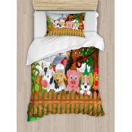 Fantasy Star Girls Boys Child Queen Bedding Sets,Cartoon Duvet Cover Set,Collection Cute Farm Animals on Fence Comic Mascots with Dog Cow Horse Kids Design,Include 1 Flat Sheet 1 Duvet Cover an
