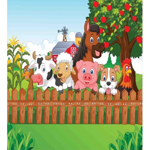  Fantasy Star Girls Boys Child Queen Bedding Sets,Cartoon Duvet Cover Set,Collection Cute Farm Animals on Fence Comic Mascots with Dog Cow Horse Kids Design,Include 1 Flat Sheet 1 Duvet Cover an