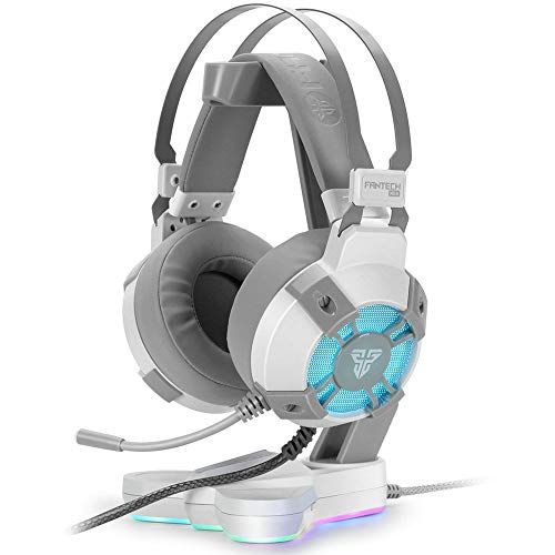  FANTECH USB RGB Gaming Headset and Stand Combo for PC, 7.1 Surround Sound 50mm Drive DTS Digital Over Ear Wired Headphones with Mic and Hanger, White