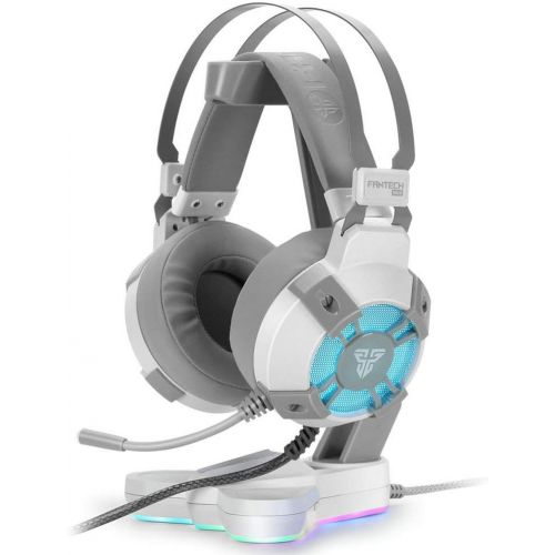  FANTECH USB RGB Gaming Headset and Stand Combo for PC, 7.1 Surround Sound 50mm Drive DTS Digital Over Ear Wired Headphones with Mic and Hanger, White