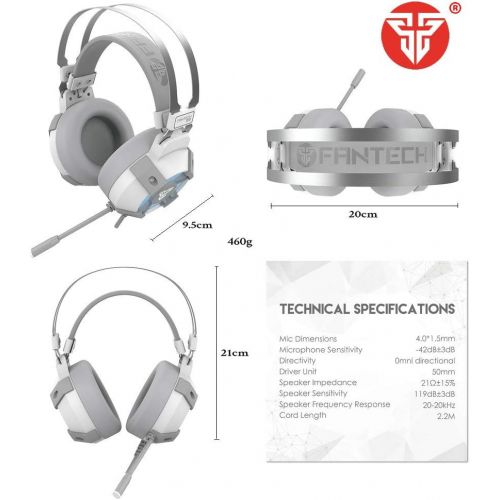  FANTECH USB RGB Gaming Headset and Stand Combo for PC, 7.1 Surround Sound 50mm Drive DTS Digital Over Ear Wired Headphones with Mic and Hanger, White
