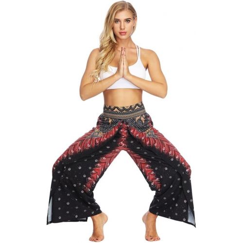  Fanteecy Women Boho Print High Slit Flowy Wide Leg Layered Yoga Pants Aladdin Casual Palazzo Trousers