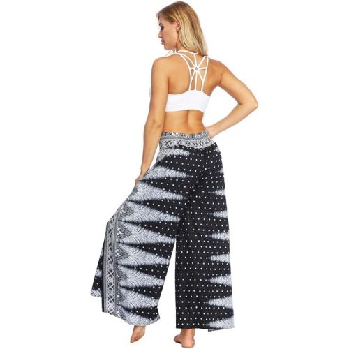  Fanteecy Women Boho Print High Slit Flowy Wide Leg Layered Yoga Pants Aladdin Casual Palazzo Trousers