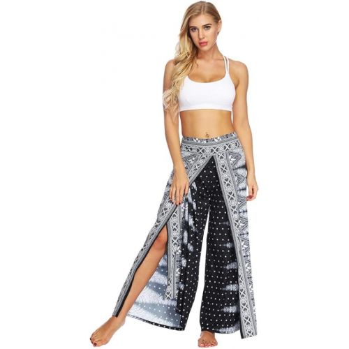  Fanteecy Women Boho Print High Slit Flowy Wide Leg Layered Yoga Pants Aladdin Casual Palazzo Trousers