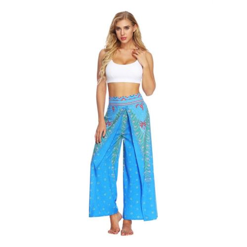  Fanteecy Women Boho Print High Slit Flowy Wide Leg Layered Yoga Pants Aladdin Casual Palazzo Trousers