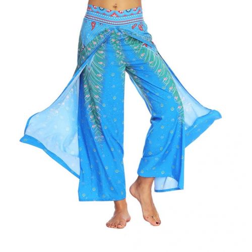  Fanteecy Women Boho Print High Slit Flowy Wide Leg Layered Yoga Pants Aladdin Casual Palazzo Trousers