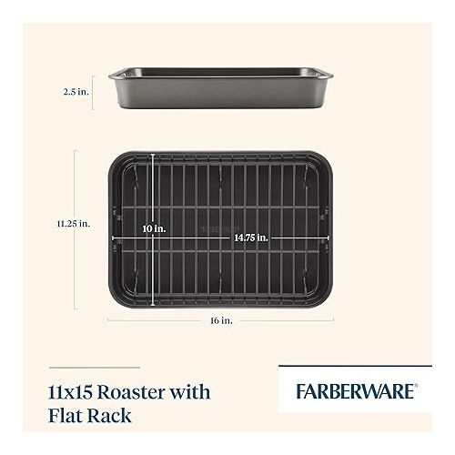  Farberware Bakeware Nonstick Steel Roaster with Flat Rack, 11-Inch x 15-Inch, Gray