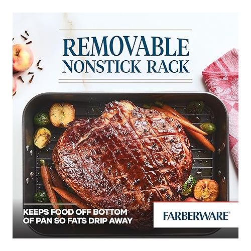  Farberware Bakeware Nonstick Steel Roaster with Flat Rack, 11-Inch x 15-Inch, Gray