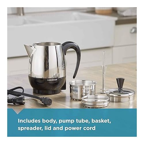  Farberware Electric Coffee Percolator, FCP240, Stainless Steel Basket, Automatic Keep Warm, No-Drip Spout, 4 Cup