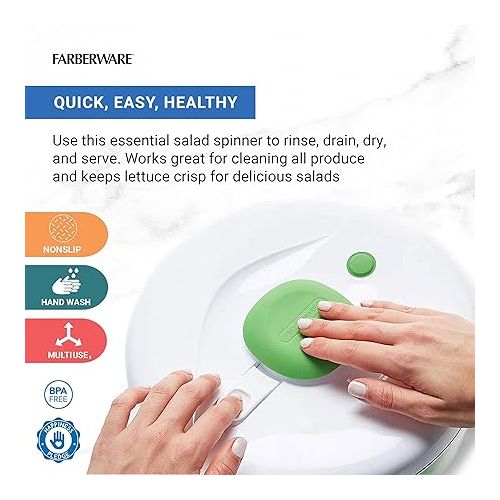  Farberware Easy to use pro Pump Spinner with Bowl, Colander and Built in draining System for Fresh, Crisp, Clean Salad and Produce, Large 6.6 quart, Green