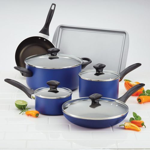  [아마존베스트]Farberware 21891 Dishwasher Safe Nonstick Cookware Pots and Pans Set, 15 Piece, Blue