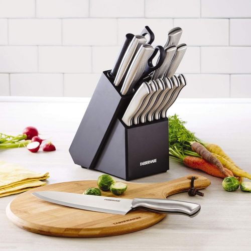  Farberware Stamped 15-Piece High-Carbon Stainless Steel Knife Block Set, Steak Knives, Black