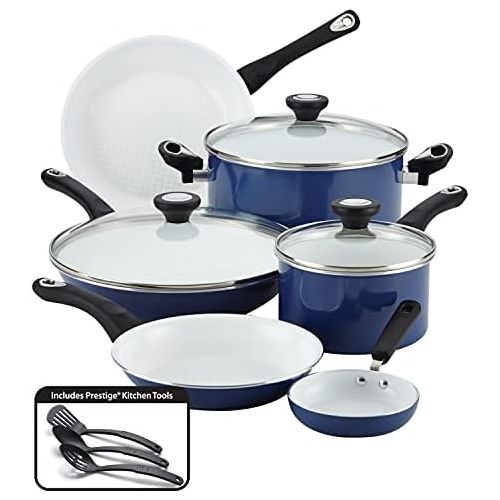  Farberware Ceramic Dishwasher Safe Nonstick Cookware Pots and Pans Set, 12 Piece, Blue: Kitchen & Dining