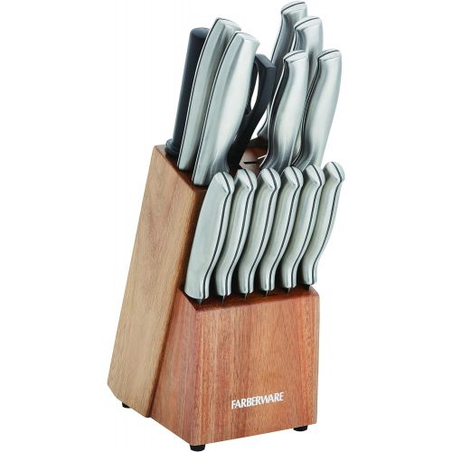  Farberware High-Carbon Stamped Stainless Steel Knife Block Set, 15-Piece, Acacia Wood
