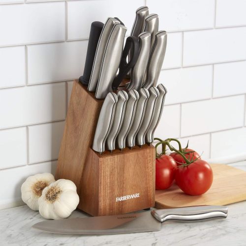  Farberware High-Carbon Stamped Stainless Steel Knife Block Set, 15-Piece, Acacia Wood