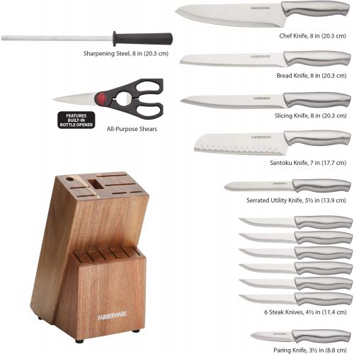  Farberware High-Carbon Stamped Stainless Steel Knife Block Set, 15-Piece, Acacia Wood