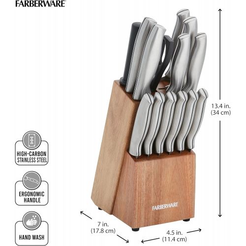  Farberware High-Carbon Stamped Stainless Steel Knife Block Set, 15-Piece, Acacia Wood